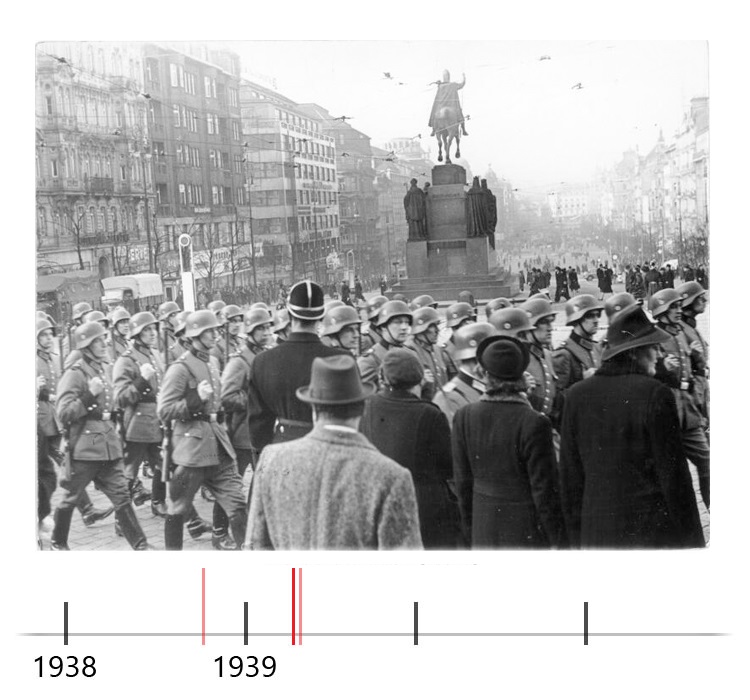 Het moment dat Duitse troepen Praag binnenkwamen. Op de voorgrond staan verschillende mensen te kijken. Op de achtergrond een monument. 