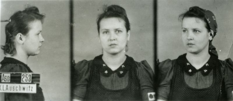Greta Jaskólska, dressed in a prison dress and an apron, photographed in three positions: from the side, front-facing and at an angle, with a headscarf on her head.