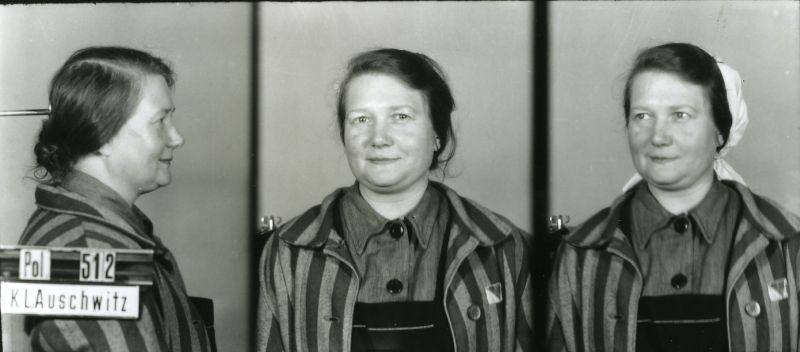 Maria Cecylia Autsch, dressed in a striped prison uniform, photographed in three positions: from the side, front-facing and at an angle, with a headscarf on her head.