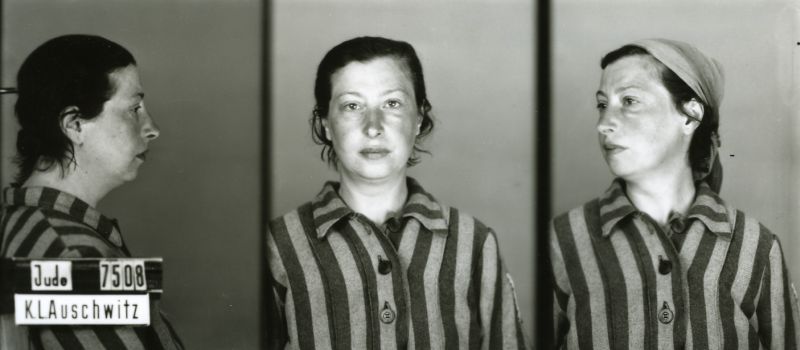 Golda Drillich, dressed in a striped prison uniform, photographed in three positions: from the side, front-facing and at an angle, with a headscarf on her head.