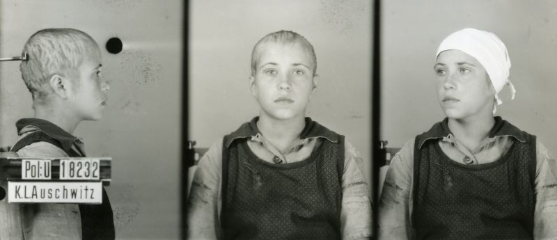 Natasza Dzidenko, dressed in a prison shirt and an apron, photographed in three positions: from the side, front-facing and at an angle, with a headscarf on her head.