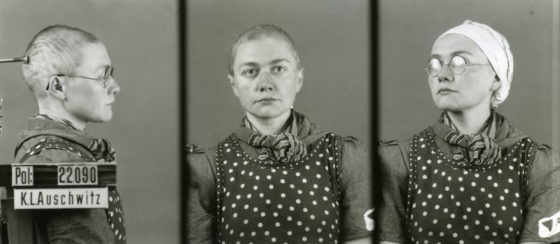 Seweryna Szmaglewska, dressed in a prison shirt and an apron, photographed in three positions: from the side, front-facing and at an angle, with a headscarf on her head. In two photos wearing glasses. 