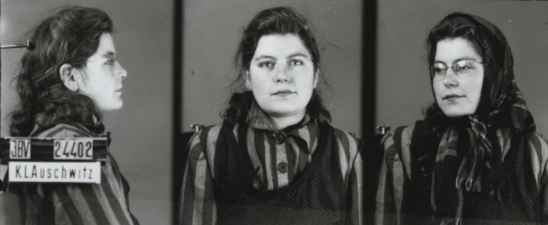 Elsa Abt (maiden name – Kraemer), dressed in a striped prison uniform and an apron, photographed in three positions: from the side, front-facing and at an angle, with a headscarf on her head. In two photos wearing glasses.