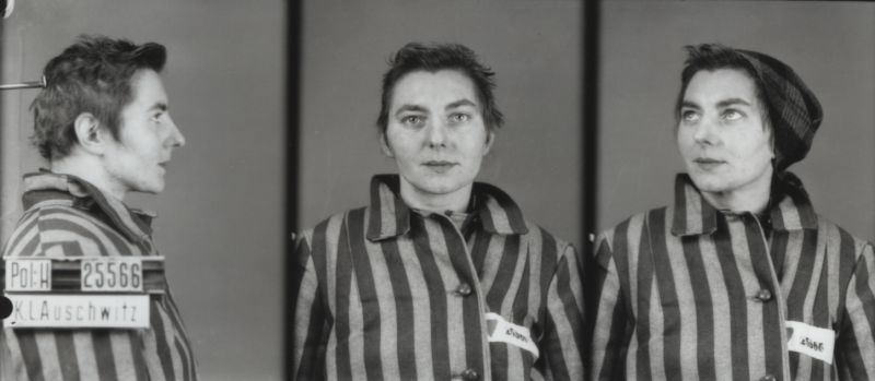 Unidentified Dutch female prisoner, dressed in a striped prison uniform, photographed in three positions: from the side, front-facing and at an angle, with a headscarf on her head.