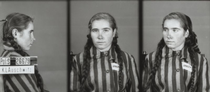 Maria Mulei, dressed in a striped prison uniform, photographed in three positions: from the side, front-facing and at an angle, with a headscarf on her head.