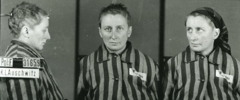 Hania Stosienko, dressed in a striped prison uniform, photographed in three positions: from the side, front-facing and at an angle, with a headscarf on her head.