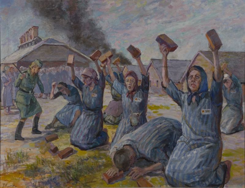 Women kneeling with their arms raised, holding bricks. A female overseer strikes one of them with a stick. In the background, a group of standing prisoners, barracks, and smoke.
