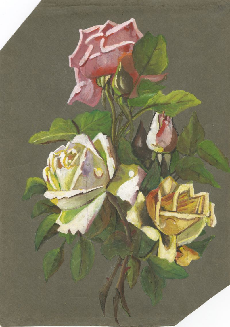 A greeting card with a painted bouquet of roses on a dark background. Front.