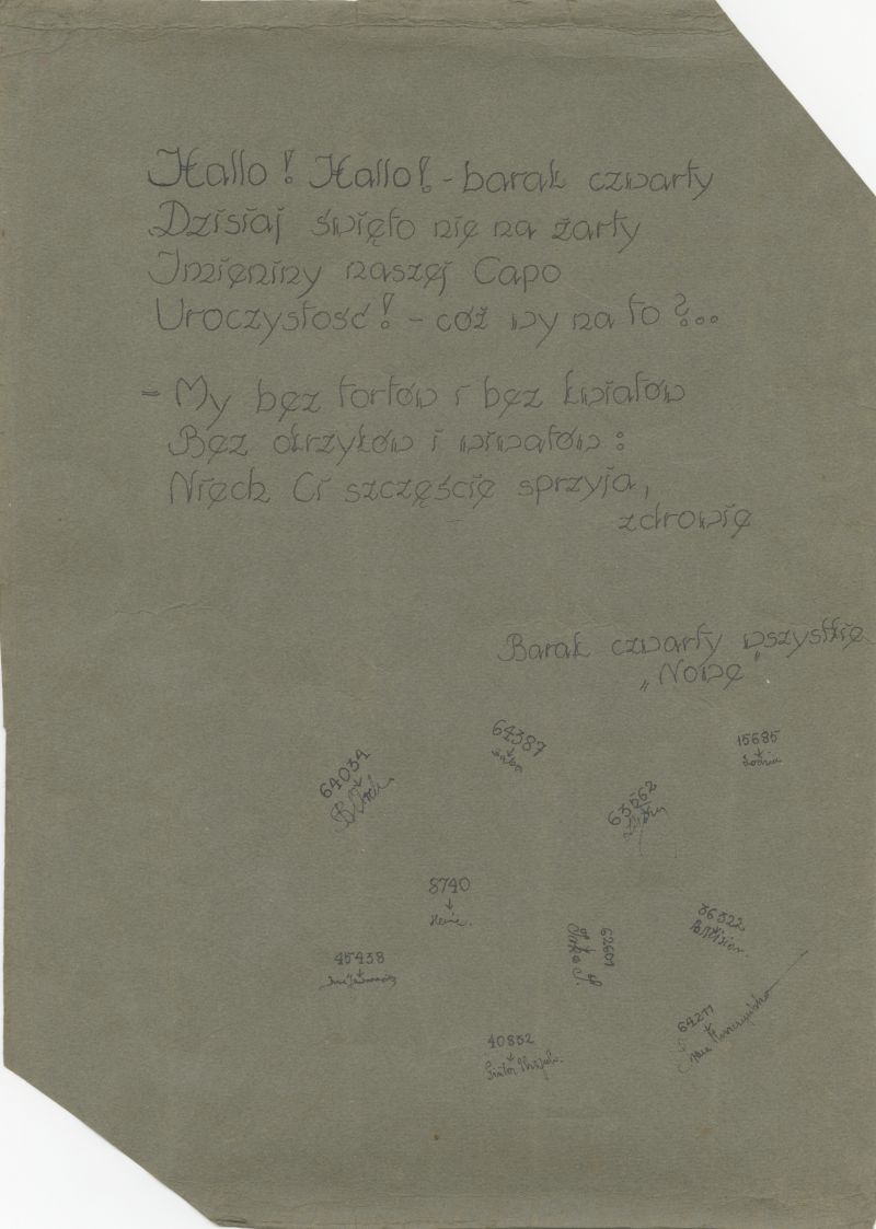 The reverse side of the same card – a poem and the signatures and camp numbers of the female prisoners from barrack number four.