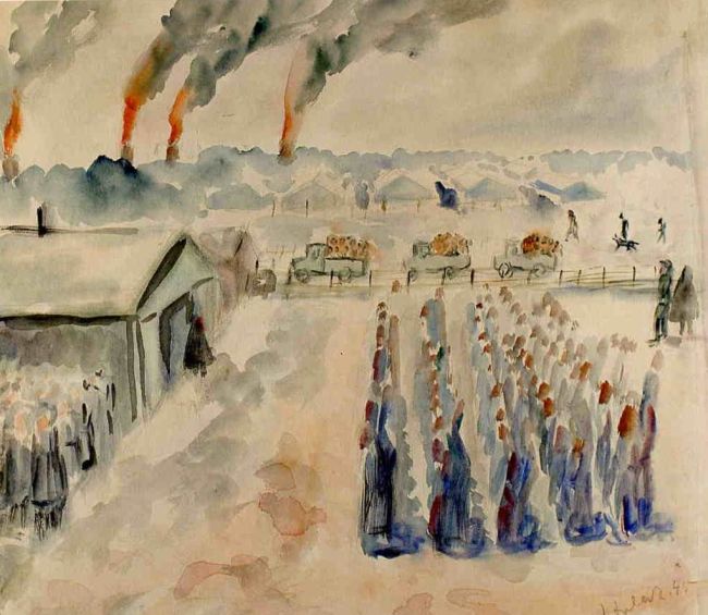 Rows of female prisoners standing in front of a barracks with a female overseer. In the background, three trucks transporting people are approaching, accompanied by the SS with a dog. In the background: red glows and smoke from crematorium chimneys.