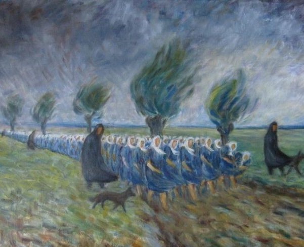 Female prisoners marching in groups of five on their way to work. They are escorted by SS supervisors along with dogs. The wind is blowing, and the day is cloudy. In the background, trees swaying in the wind.