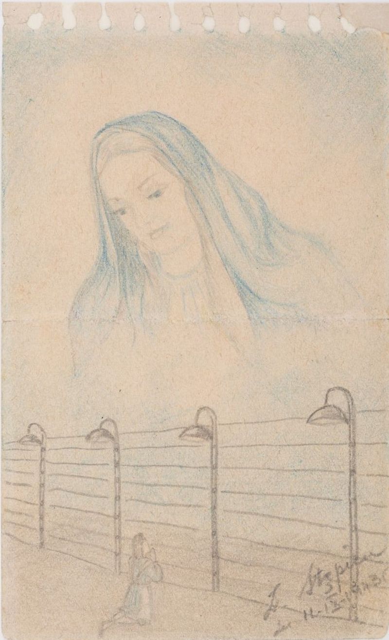 A drawing that illustrates a woman kneeling and praying in front of the wires, at the top of the drawing: a large bust of the Virgin Mary looking down at a female prisoner.