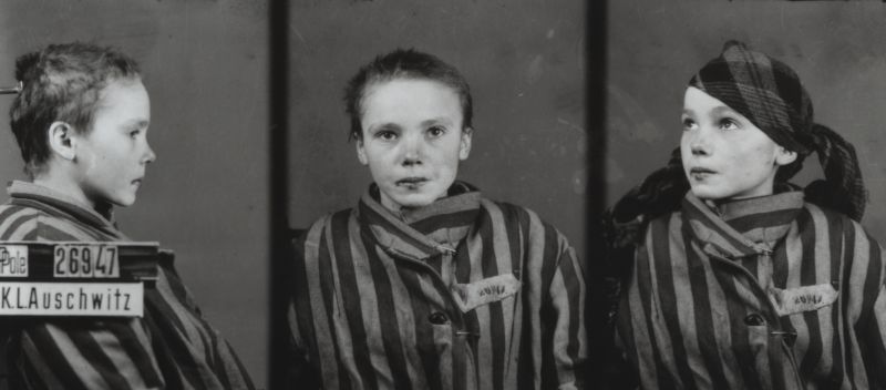 Czesława Kwoka in a camp photograph taken in three poses: from the side, front-facing and at an angle. She is dressed in a striped prison uniform.