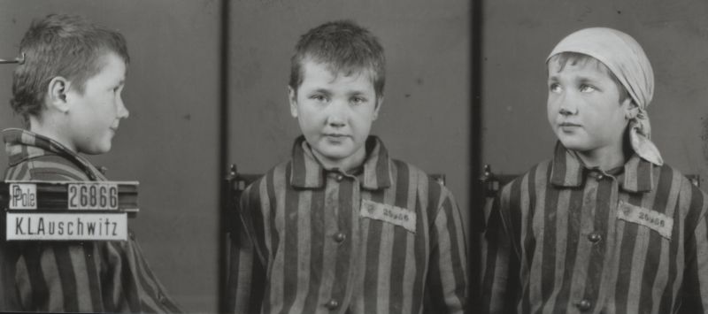 Józefa Głazowskana in a camp photograph taken in three poses: from the side, front-facing and at an angle. She is dressed in a striped prison uniform.