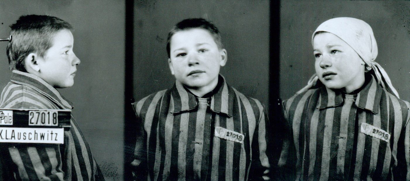 Michalina Petrynkona in a camp photograph taken in three poses: from the side, front-facing and at an angle. She is dressed in a striped prison uniform.