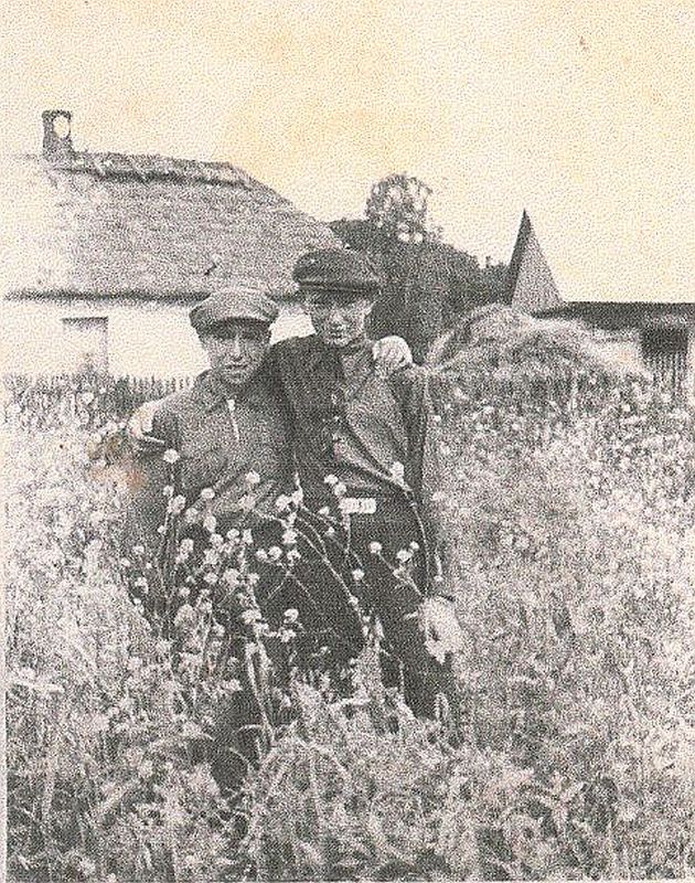 Józef and Roman Koch standing in tall grass, a house and farm buildings behind them. Summer time.