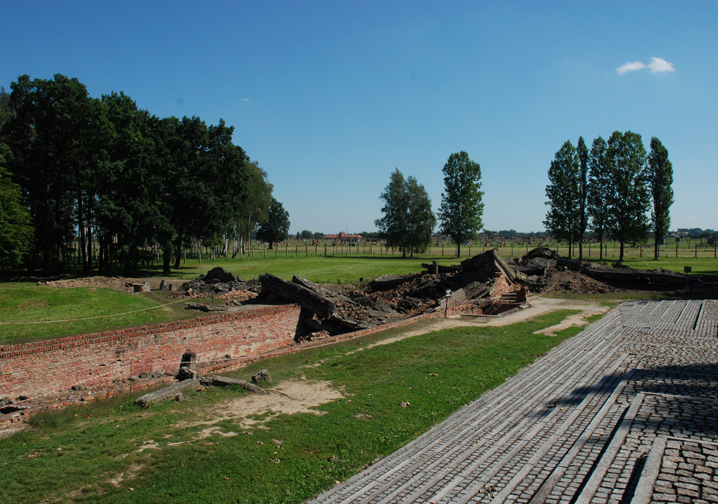 The ruins of crematorium and gas chamber number three on the side of the Monument to the Victims. The changing room and gas chamber were located underground.
