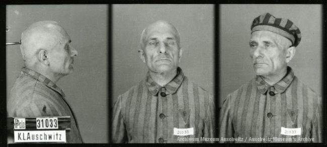 Registration photograph of a prisoner dressed in striped prisoner uniform in three poses: sideways, straight ahead and obliquely. In the last photograph the prisoner is wearing a camp cap on his head.