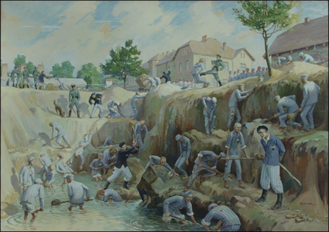 A huge hole in the ground, with prisoners working on three levels. The lowest level is a pit filled with water. Prisoners are digging in the ground with shovels. One of the kapos is beating a prisoner who is struggling in the water. An SS man is towering over the group, the other is pushing the prisoner down into the pit with a kick.